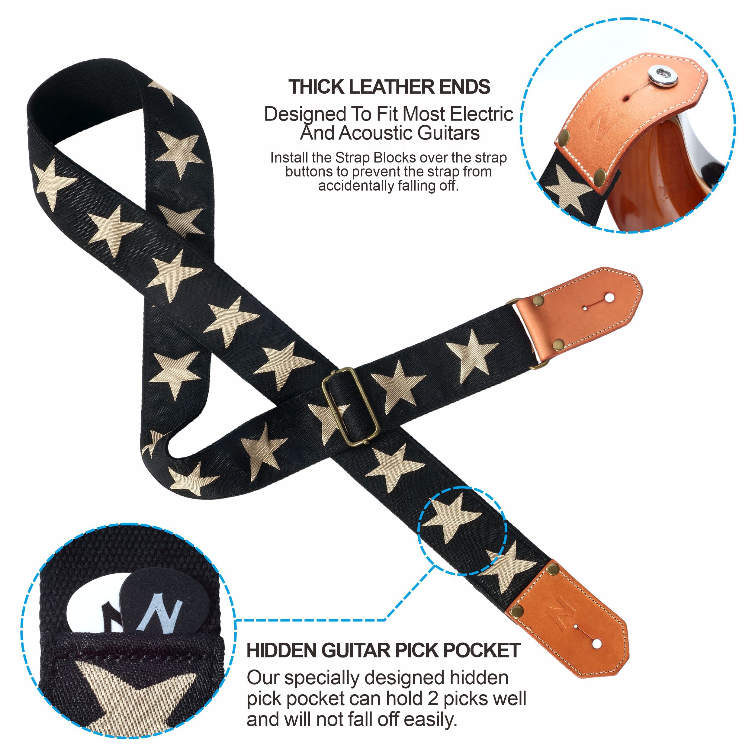 Nefelibata Cool Woven Guitar Strap -Cotton Guitar Straps with Thicked First Layer Vegetable Tanned Cowhide Leather Ends for Acou